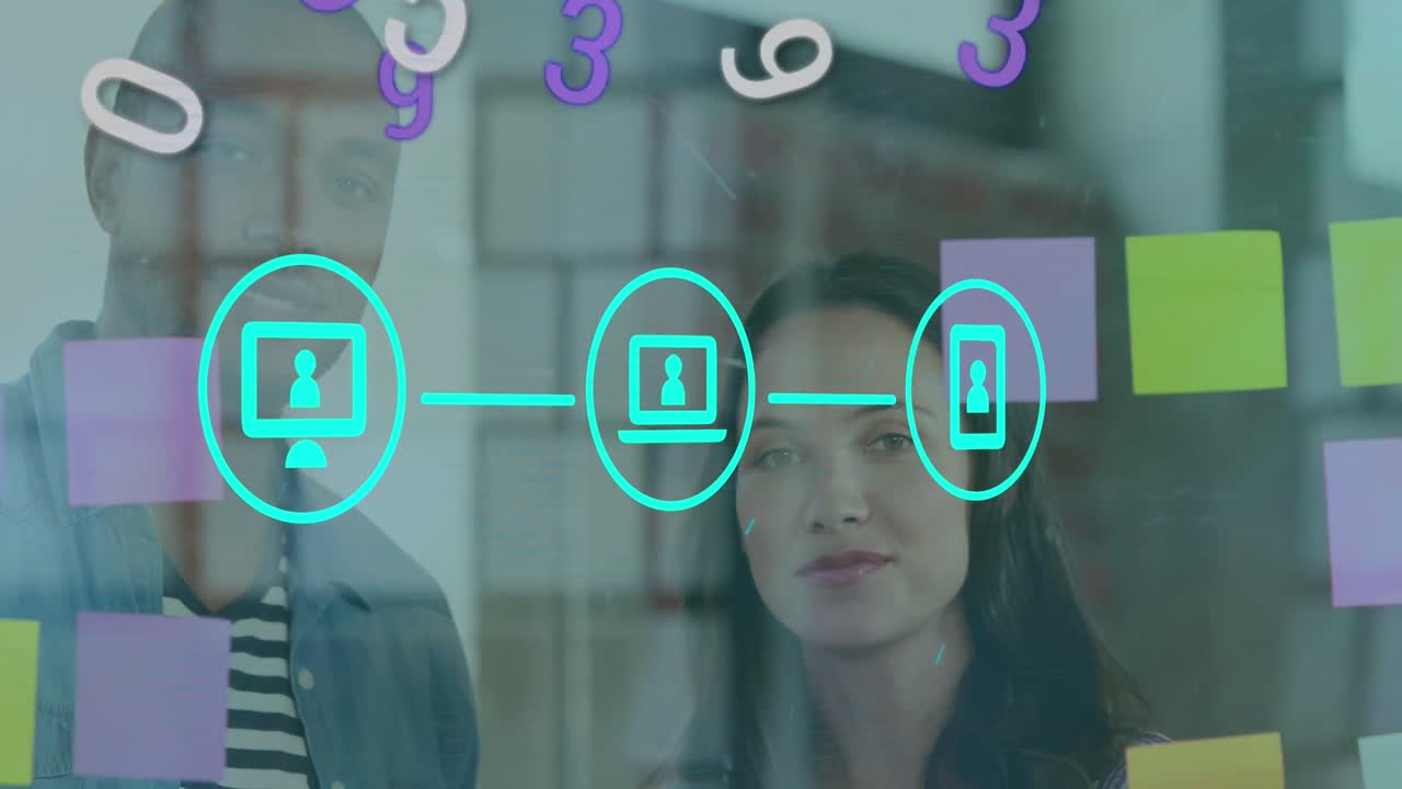 animación de la red de conexiones y números sobre diversos compañeros de trabajo lluvia de ideas