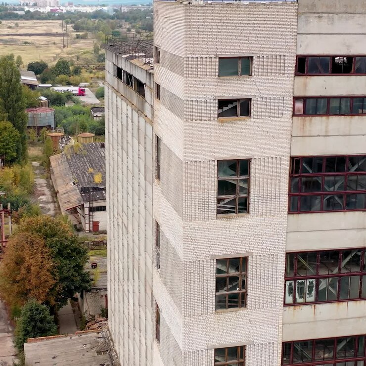 Edificio alto con ventanas y tejado rotos. Exterior de un antiguo edificio abandonado en una fábrica vacía. Casa dañada