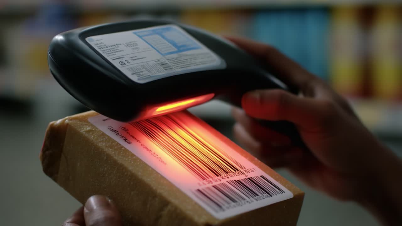 A Close-Up View of a Hand Scanning a Barcode on a Parcel Using a Barcode Scanner in a Retail Environment, Highlighting the Importance of Inventory Management and Checkout Processes