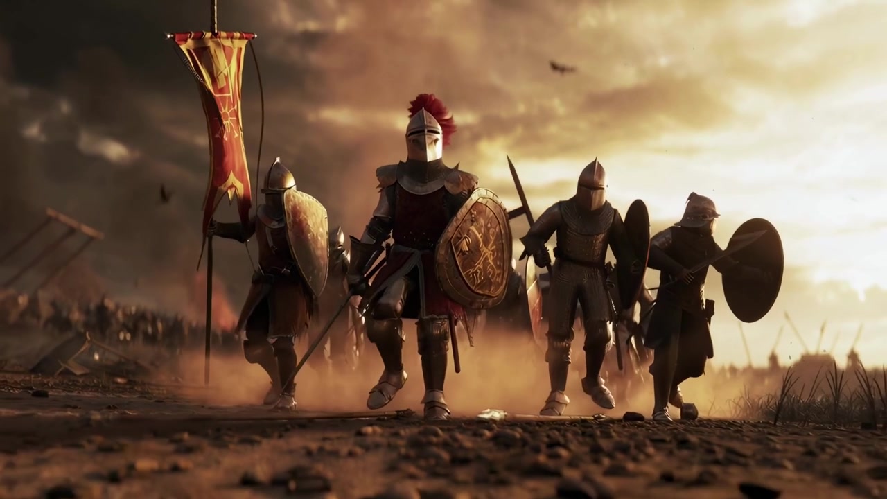 Caballeros medievales marchando por un campo de batalla polvoriento al atardecer