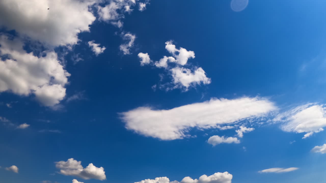 Bright summer sky lights the white fluffy clouds. Wind blows the clouds away. Low angle view. Timelapse