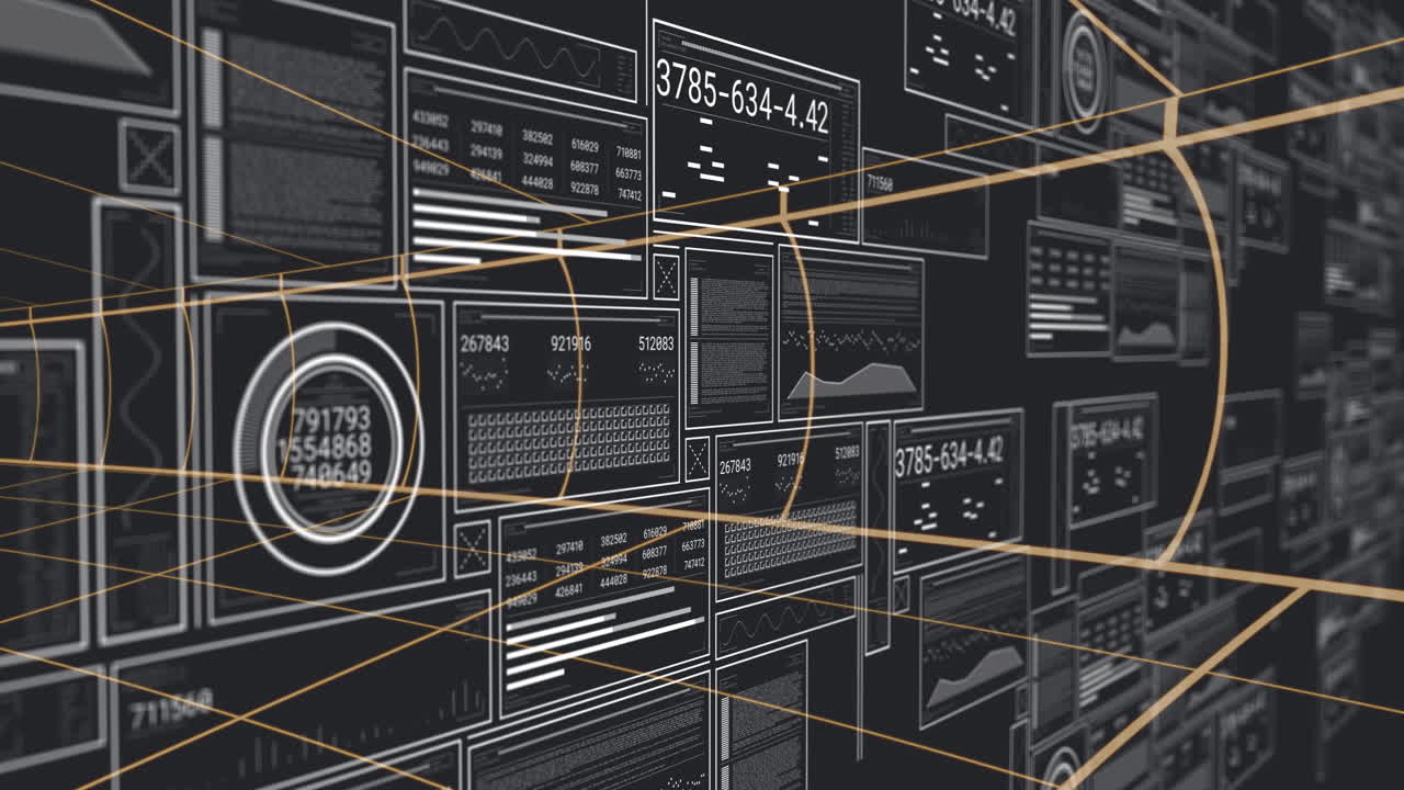 In school, animation of digital data panels with orange lines showing analytics