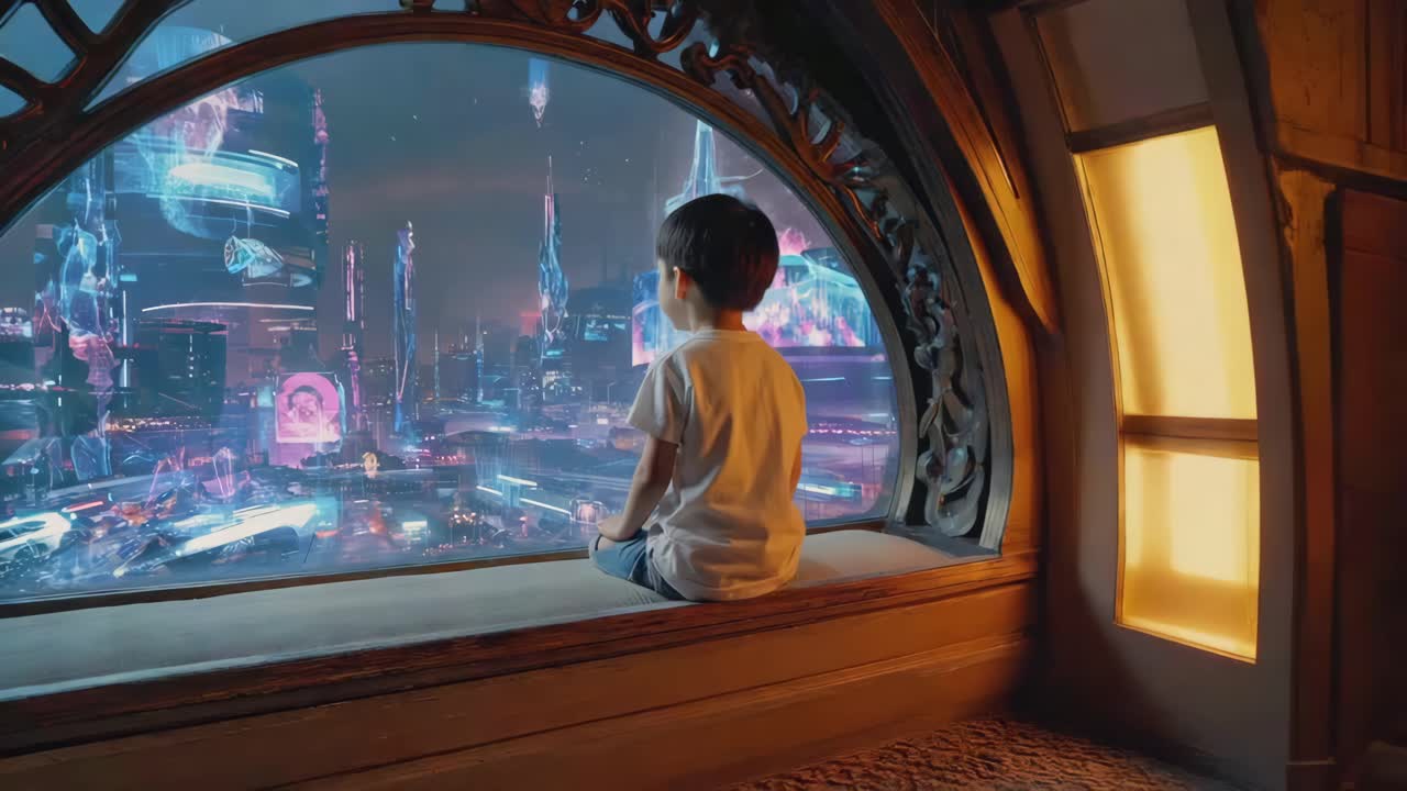 Boy Looking at Futuristic City View