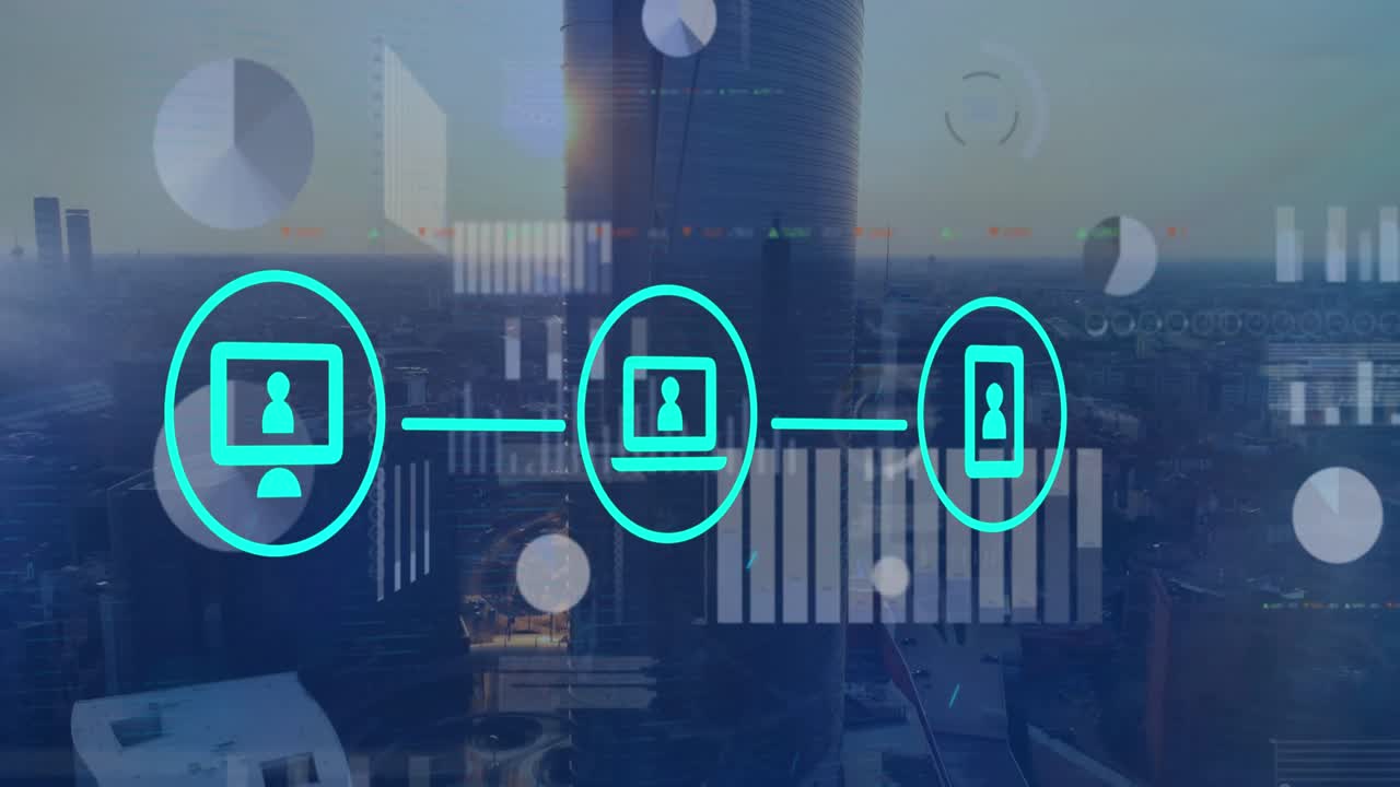 Animation of network of digital icons and screens with data processing over aerial view of cityscape