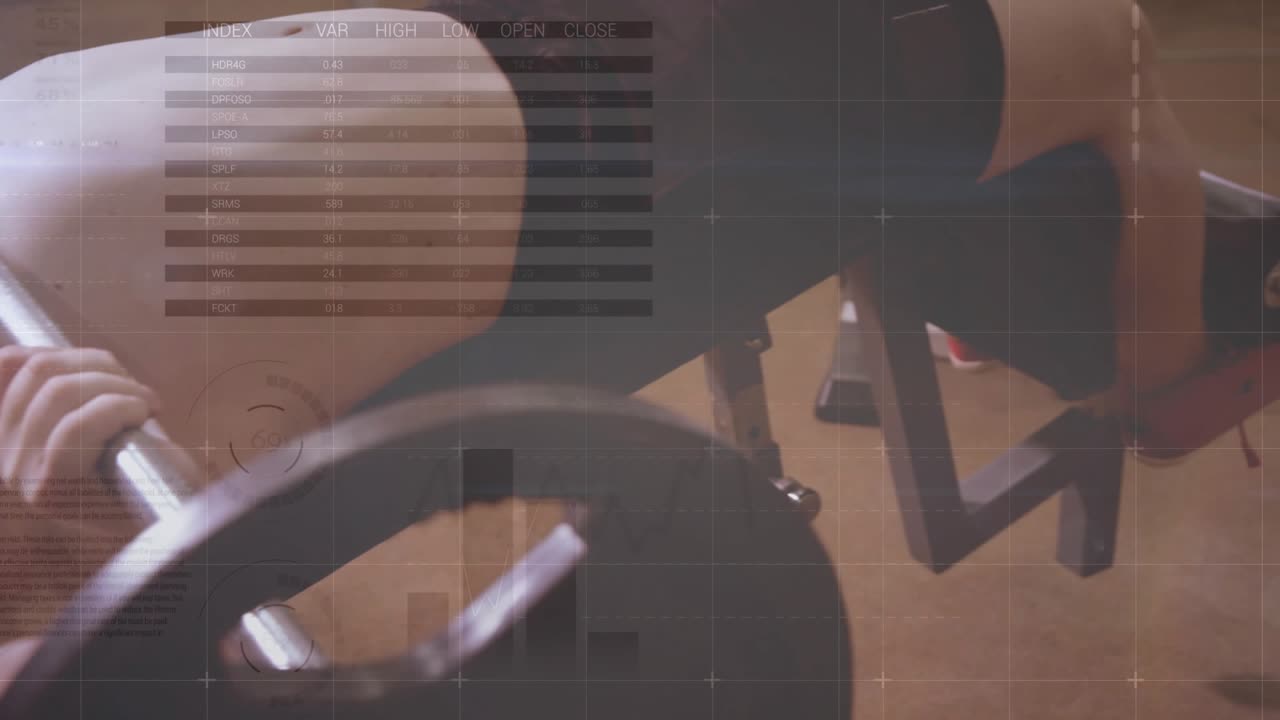 Male lifter gripping bar, lowering and pushing bar on bench in gym; HUD charts tracking reps