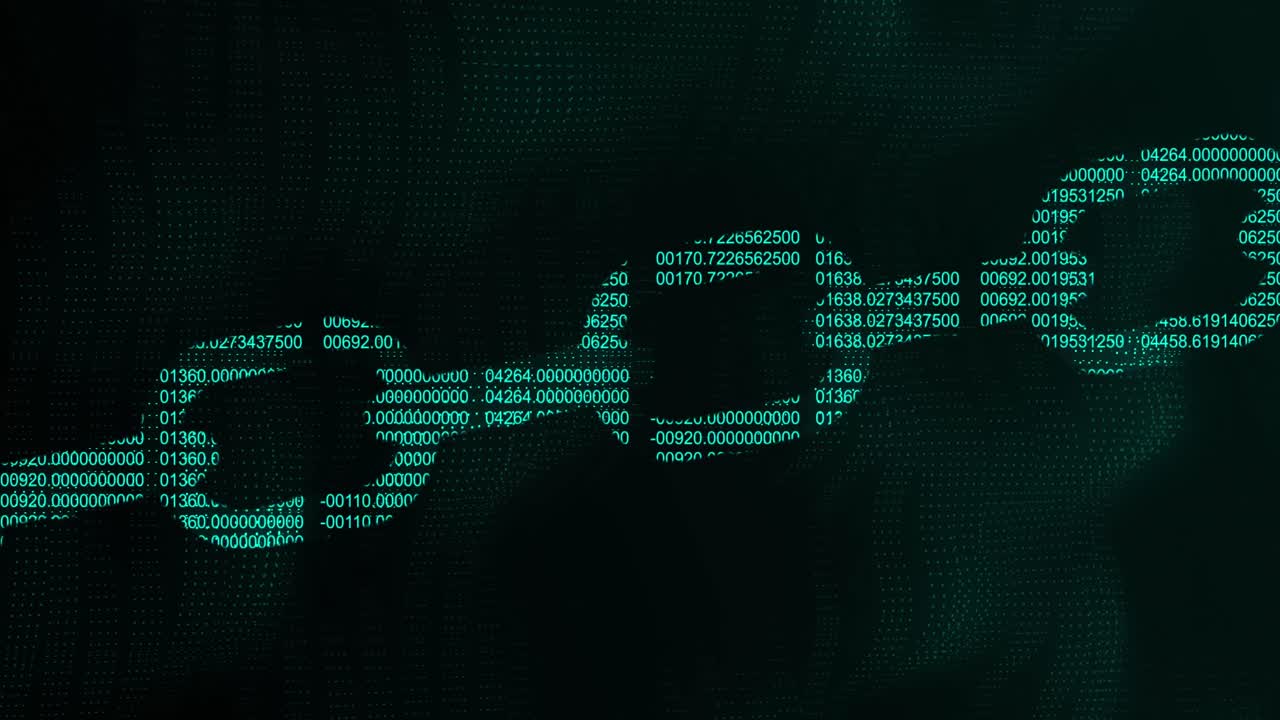 Animation of digital computer interface with data and numbers processing and chain links on green gl