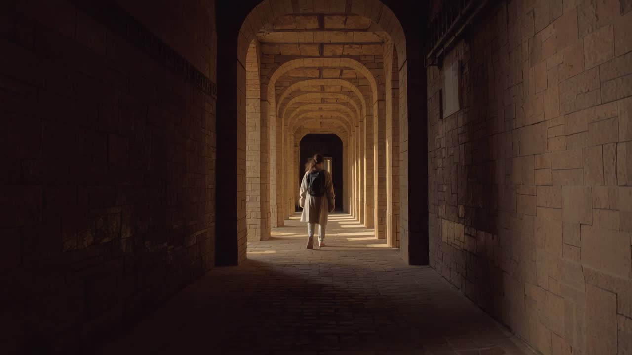 Caméra en marche, visiteur marchant vers la caméra le long d’une arcade en pierre, portant un manteau clair et un sac à dos foncé