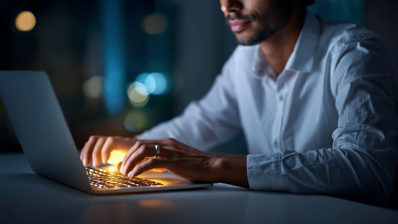 A focused individual working late at night, illuminated by the light of a laptop, showcasing dedication and productivity in a contemporary workspace atmosphere