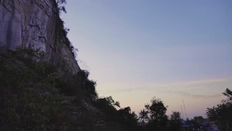 phnom sampov, hito de camboya con miles de murciélagos volando de tallas budistas al atardecer