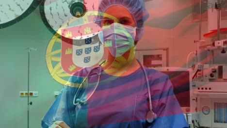 Animation-of-flag-of-portugal-waving-over-anesthesiologist-in-operating-theatre