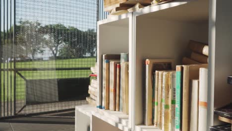 outdoor bookshelf with garden view