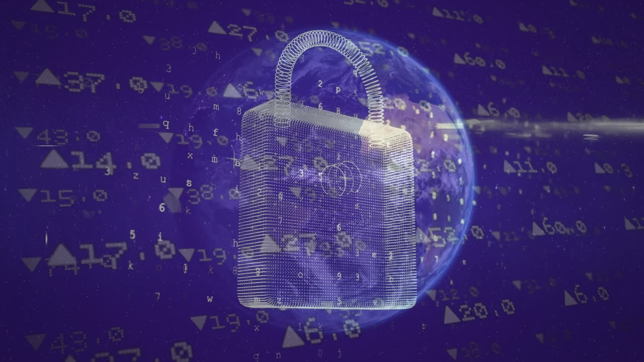 Animazione di elaborazione dati e icona lucchetto su globo su sfondo blu