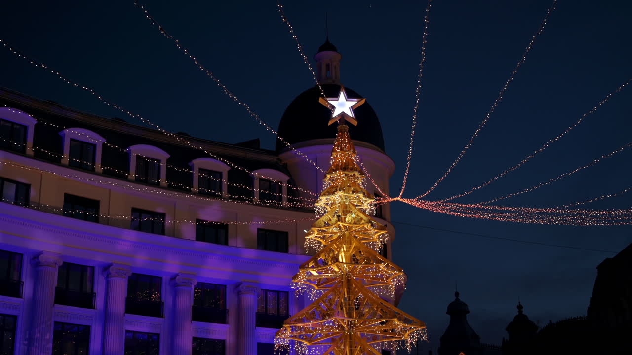 Lighted tree at the Bucharest Christmas Market at night, in Romania