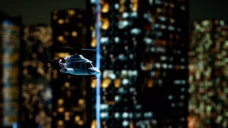 slow motion helicopter near skyscrapers at night