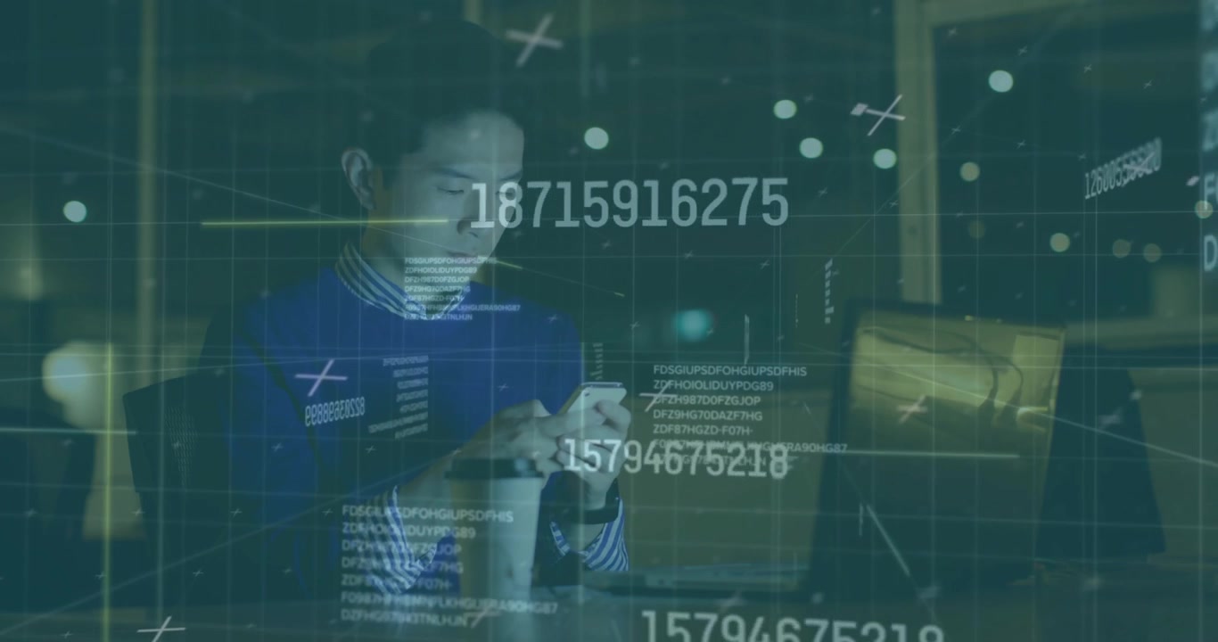 Animation of financial data processing over asian businessman using smartphone