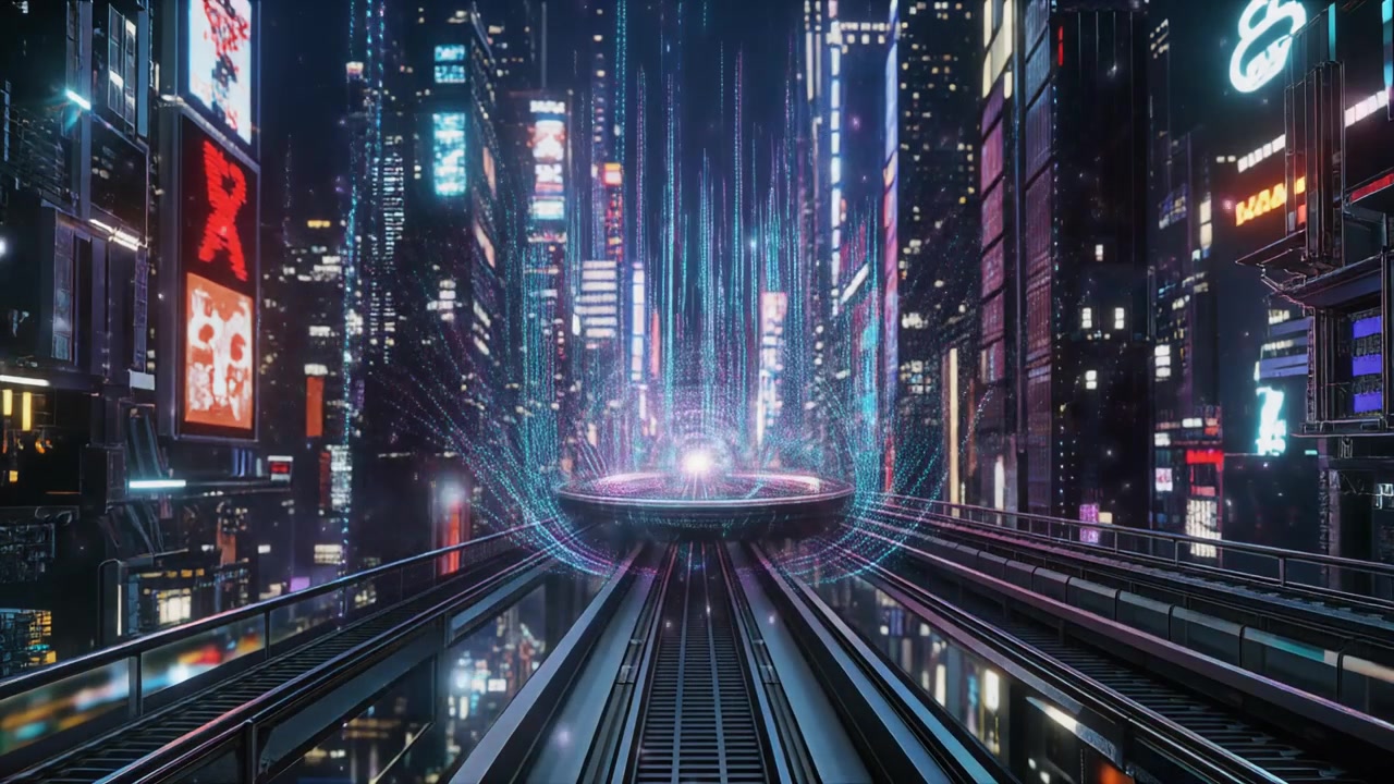 Futuristic Train Traveling Through a Neon Cyberpunk City at Night