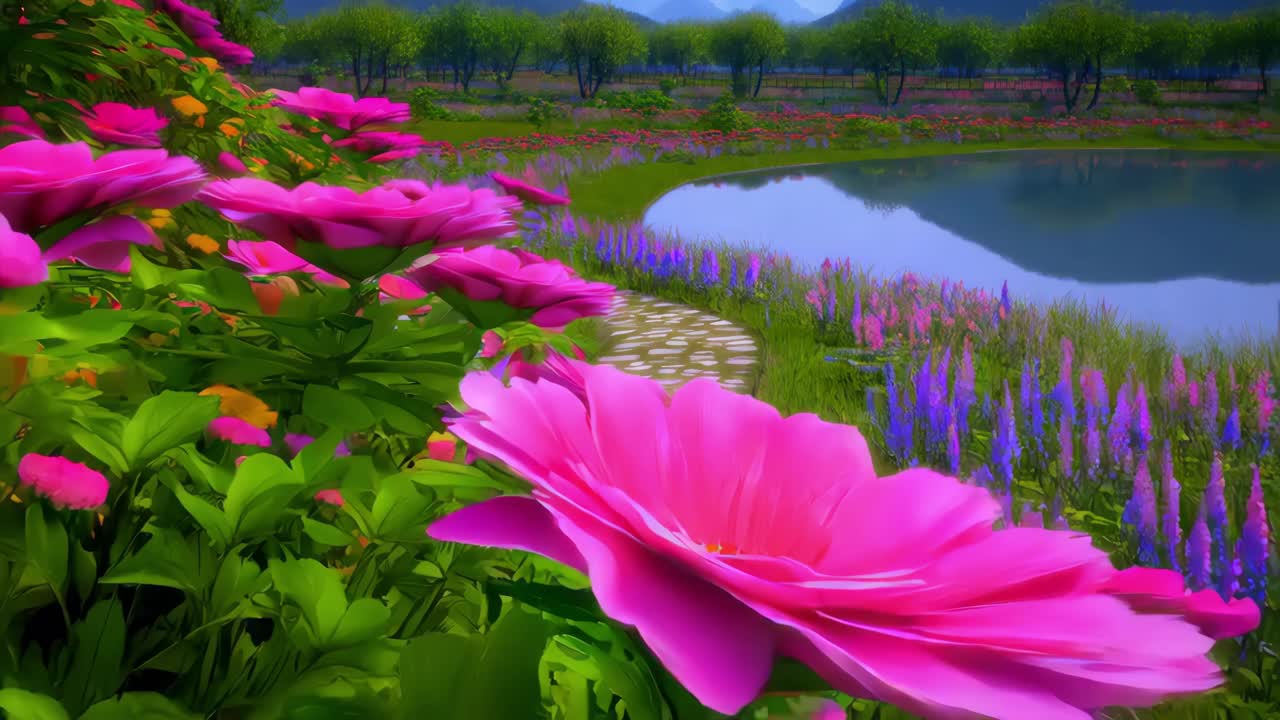 Un sendero de jardín colorido junto a un estanque