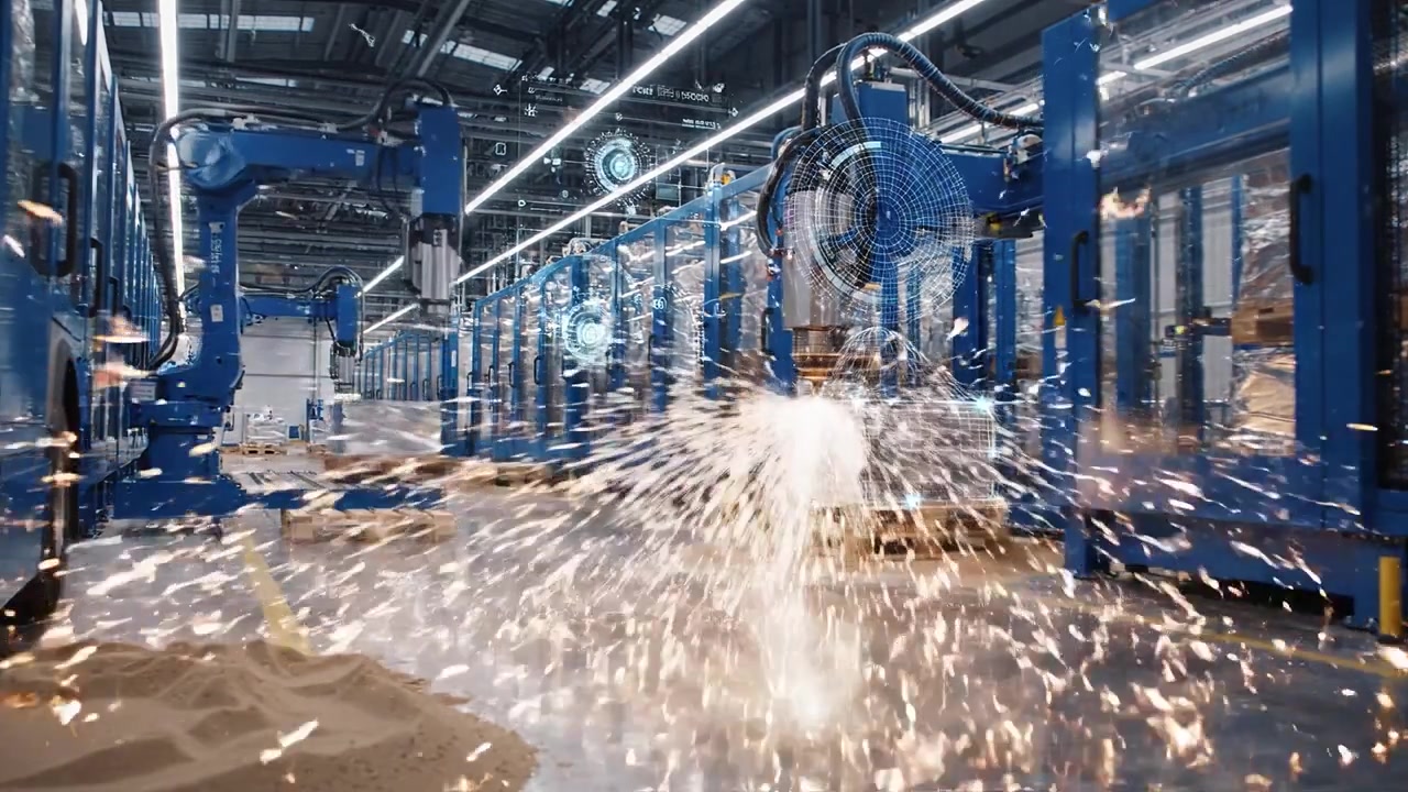 Braccio robotico industriale con sovrapposizione di dati digitali e scintille.