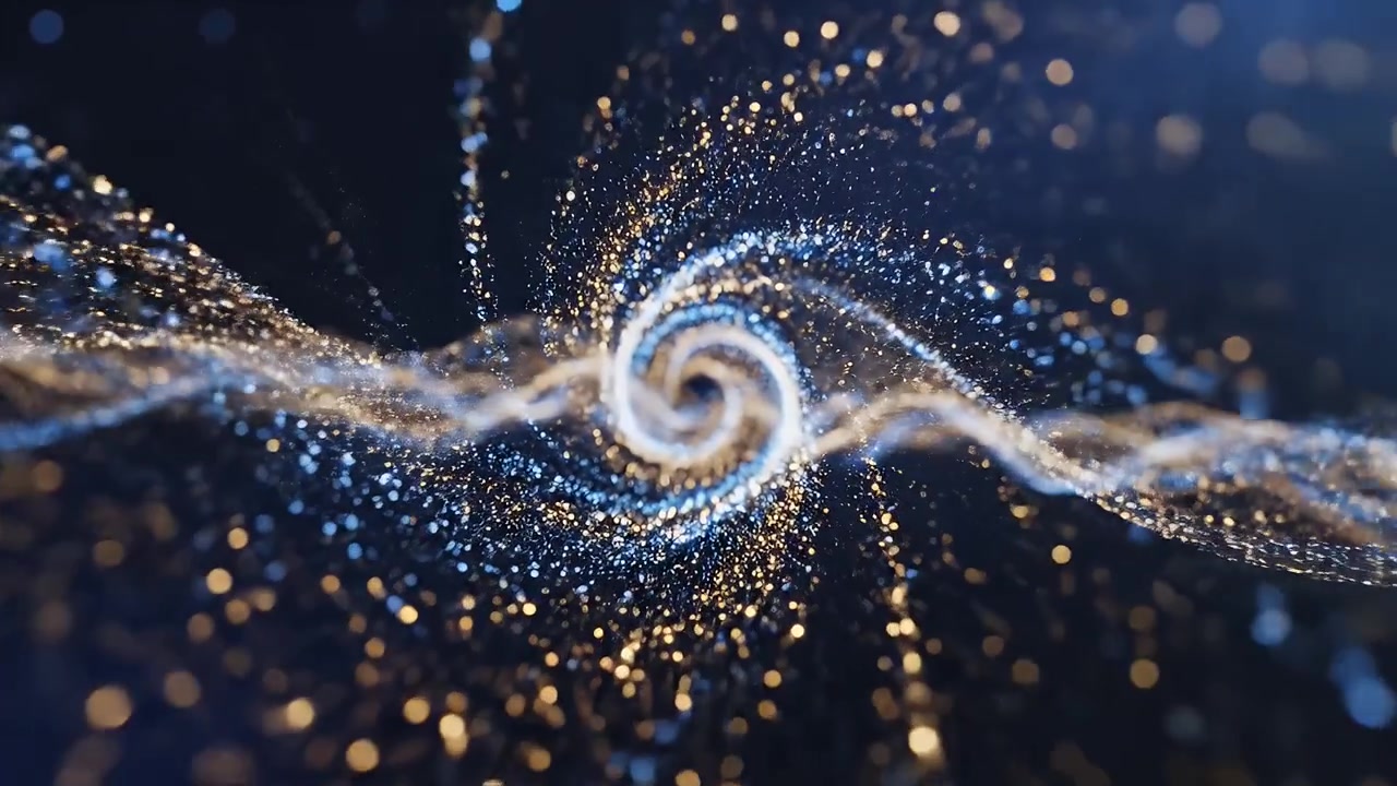 Abstract Motion Background with Glowing Golden and Blue Particles Forming a Spiral