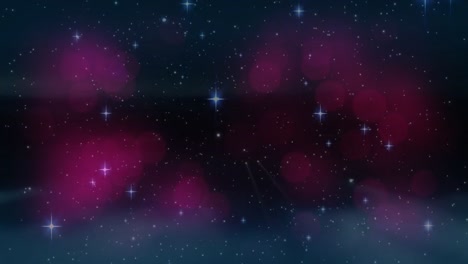 Animation-of-christmas-stars-moving-over-red-bokeh-lights-on-black-background