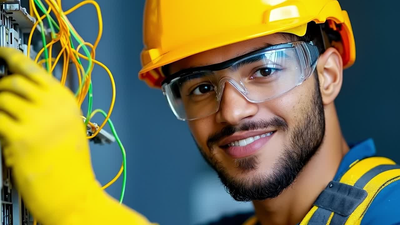 A man wearing a hard hat and safety glasses working on an electrical panel