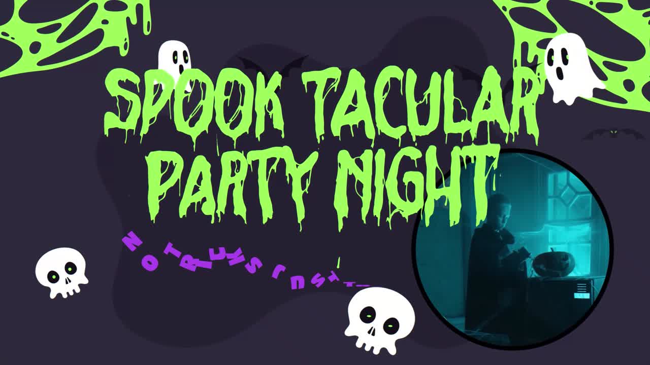 Promoção de Festa de Halloween Assustadora com Gráficos Animados e Pessoas