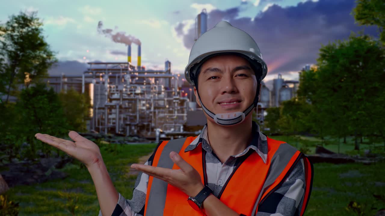 Close Up Of Asian Male Engineer With Safety Helmet Smiling And Pointing To Side While Standing In Front Of Oil Refinery