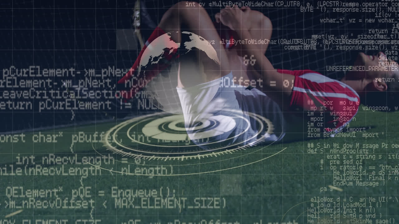 animación del procesamiento de datos sobre un jugador de fútbol caucásico