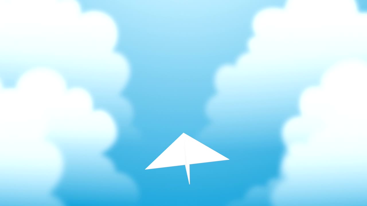 하늘에서 날아다니는 종이 비행기와 구름 루프 애니메이션 4k 알파 채널과 함께 파란색 그라디언트 배경