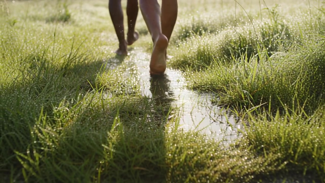 Following camera capturing two companions walking barefoot along wet meadow path, leaving ripples
