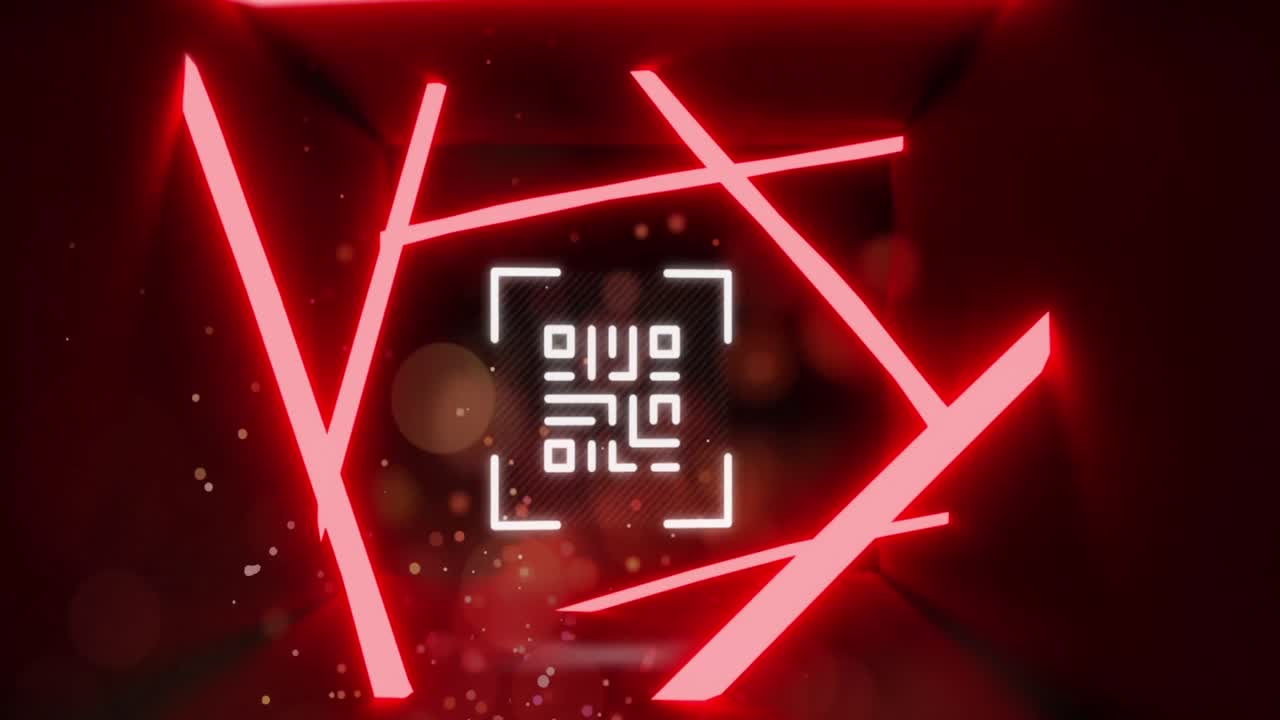 animación de un código qr brillante sobre líneas de neón