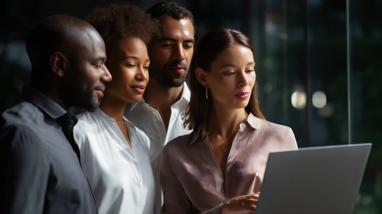 A diverse group of four professionals engaged in a collaborative discussion, closely examining a laptop screen that displays important information, embodying teamwork and innovation in a modern workspace environment