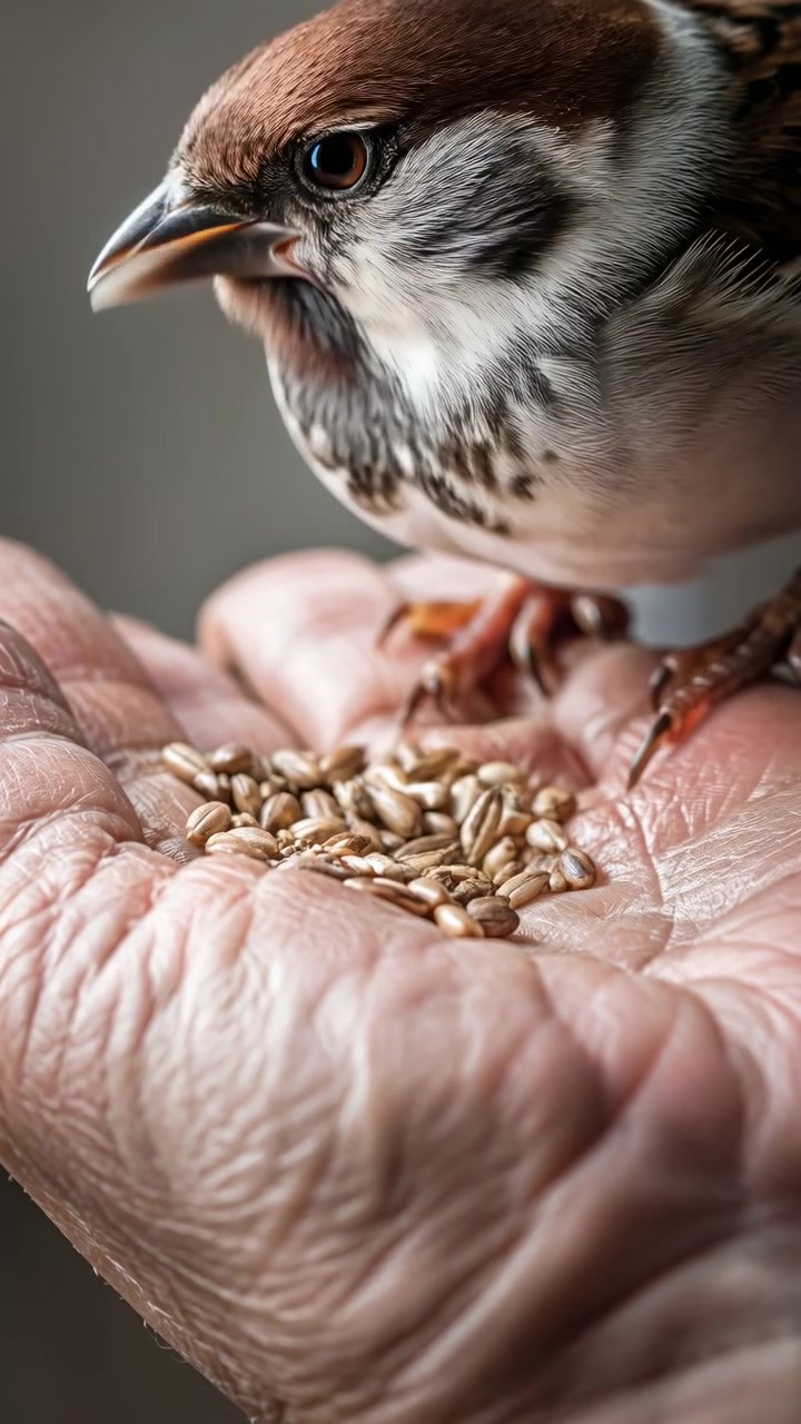 Nahaufnahme zeigt kleinen Vogel, der Samen von einer Palme frisst, während er seinen Schnabel wiederholt bewegt, mit Federdetails, warmem Licht, geringer Tiefenschärfe und sanfter Interaktion zwischen Wildtier und menschlicher Hand.
