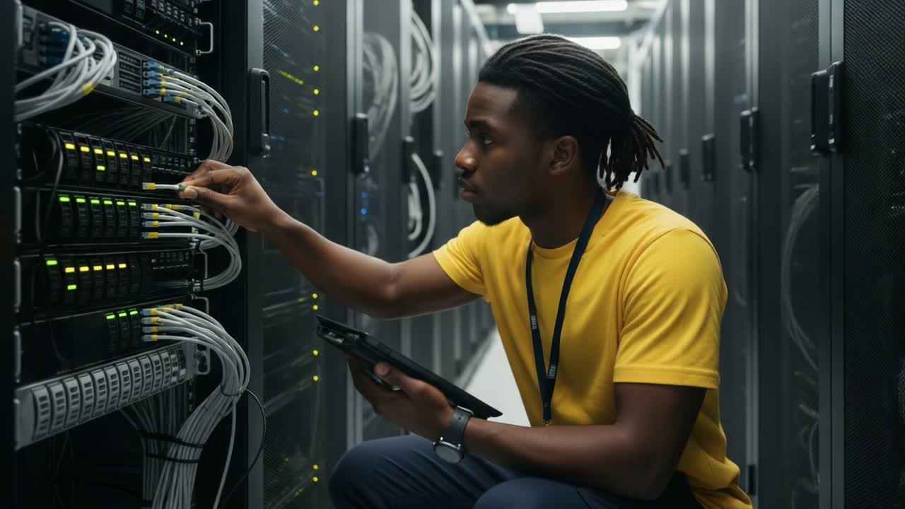 A focused technician in a yellow shirt meticulously checks server connections and manages hardware in a data center, ensuring optimal performance and smooth operations.