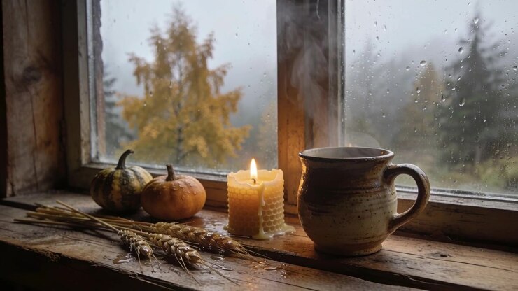 Showing still life reacting to drizzle, ceramic mug steaming, beeswax candle smoking on windowsill