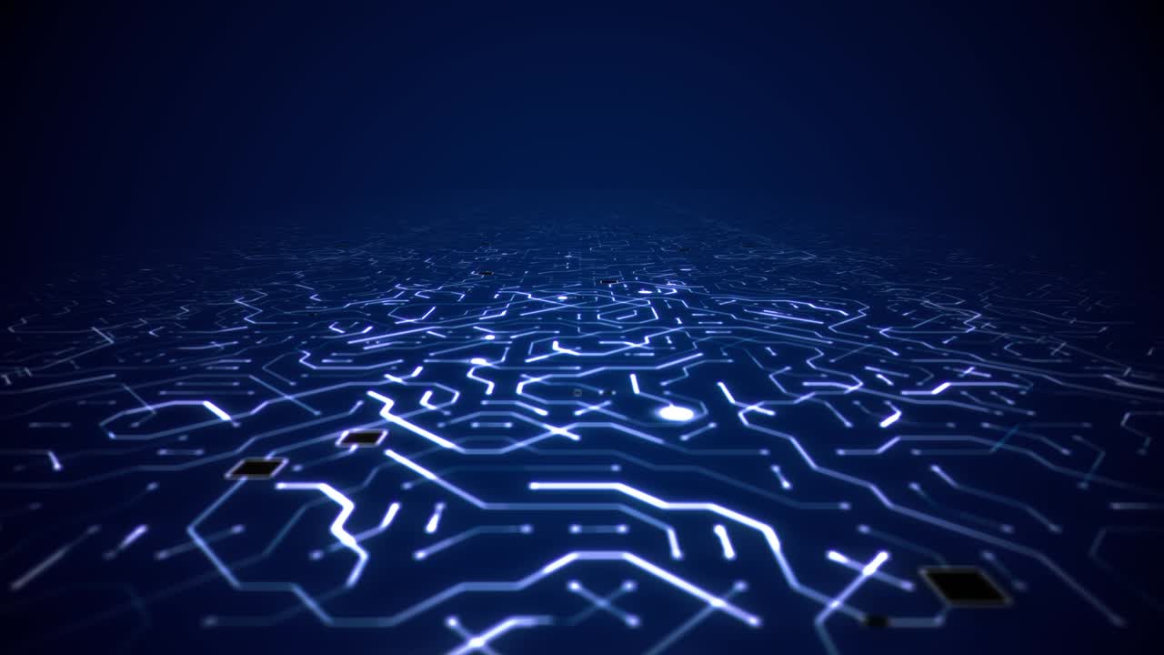 Endless Travel Over Deep Blue Circuitboard Floor Background Loop