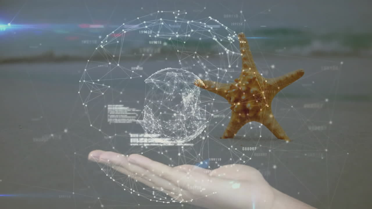 Hand holding starfish with digital network and data processing animation overlay