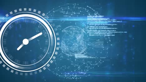 animation of ticking clock and data processing over globe of network of connections spinning