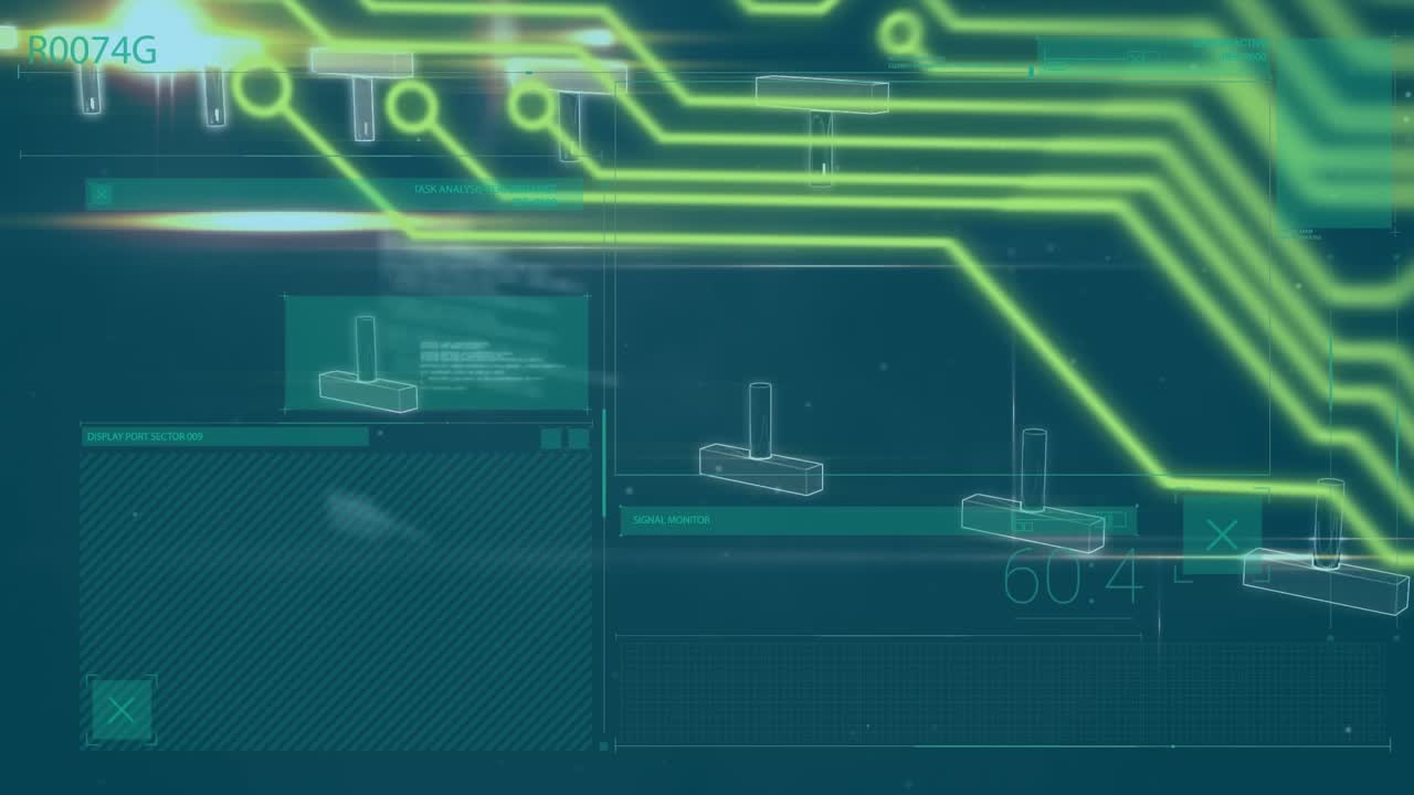 Animation of computer circuit board and dna strand over data processing on green background