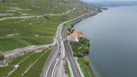 Junto-Al-Lago-De-Ginebra,-Inclinar-Hacia-Arriba,-Viñedos-De-Lavaux-En-Suiza,-Vista-Aérea