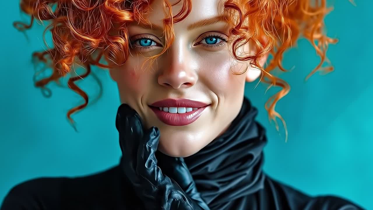 A woman with red hair wearing black gloves