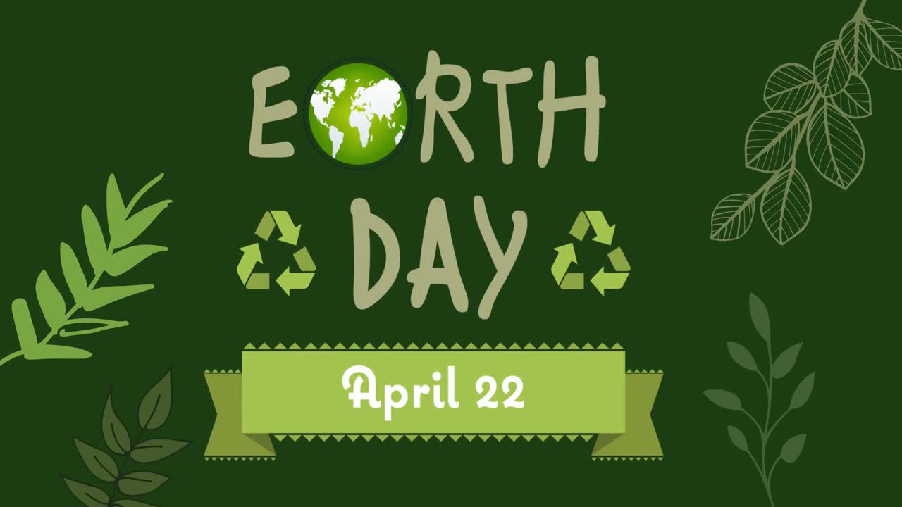 Animation of earth day and leaves on green background