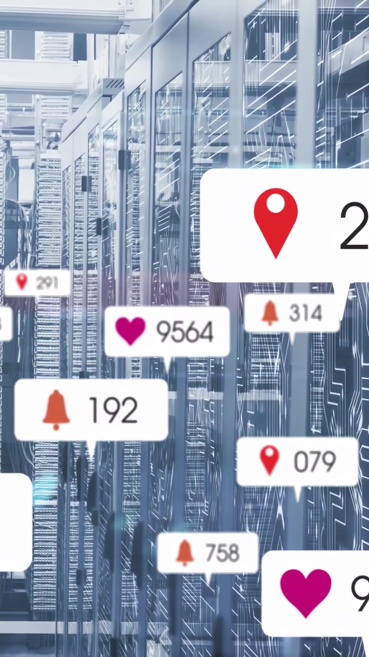 Vertical video: Badge 0675 appearing, floating badges growing and drifting over racks, showing data
