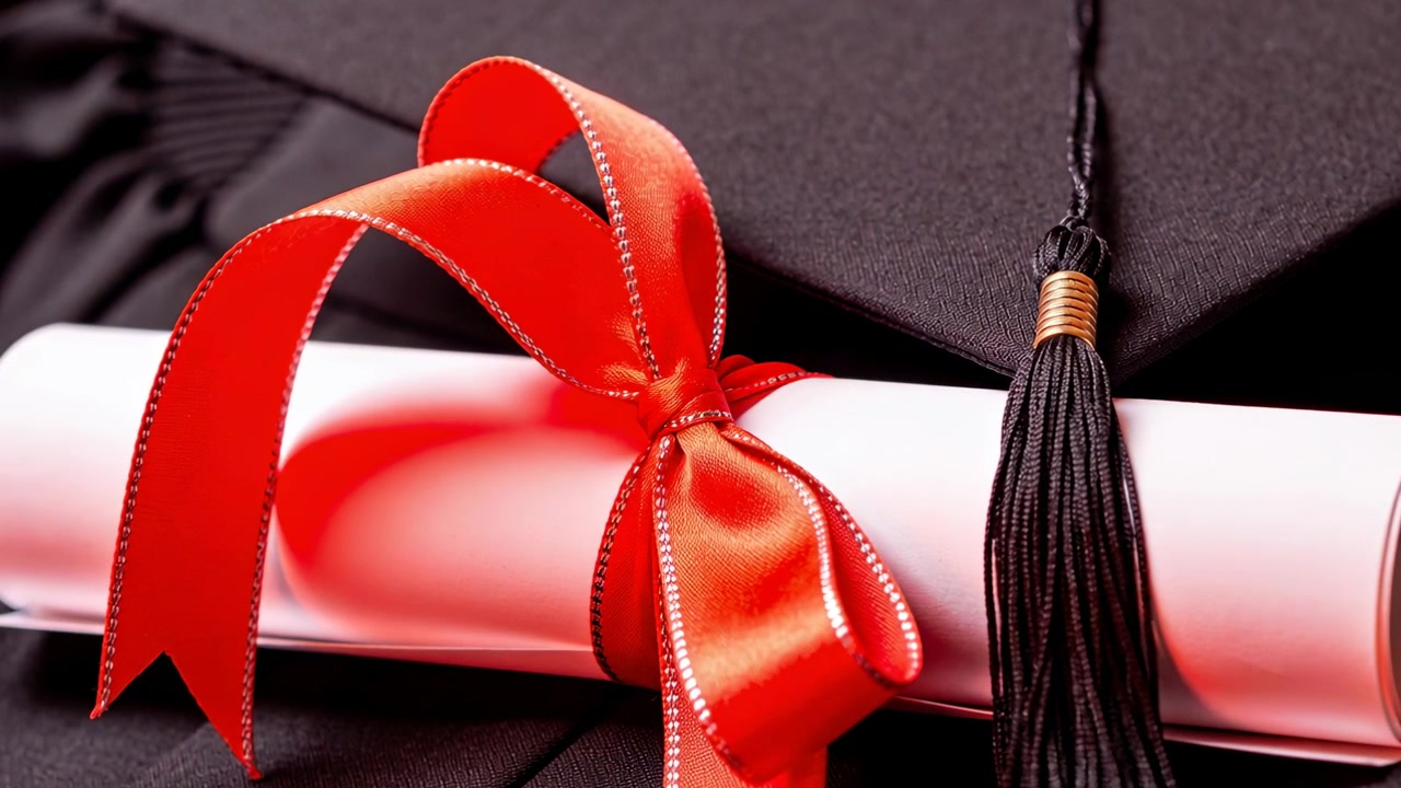 Zooming camera tightening toward rolled diploma on mortarboard, highlighting red ribbon and tassel