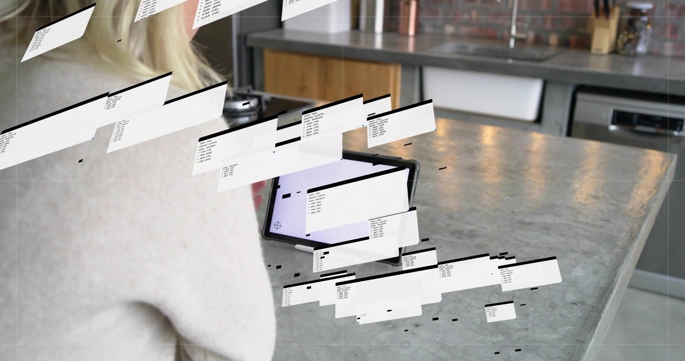 Woman watching tablet emitting floating windows, black pixels filling area before her for tech demo