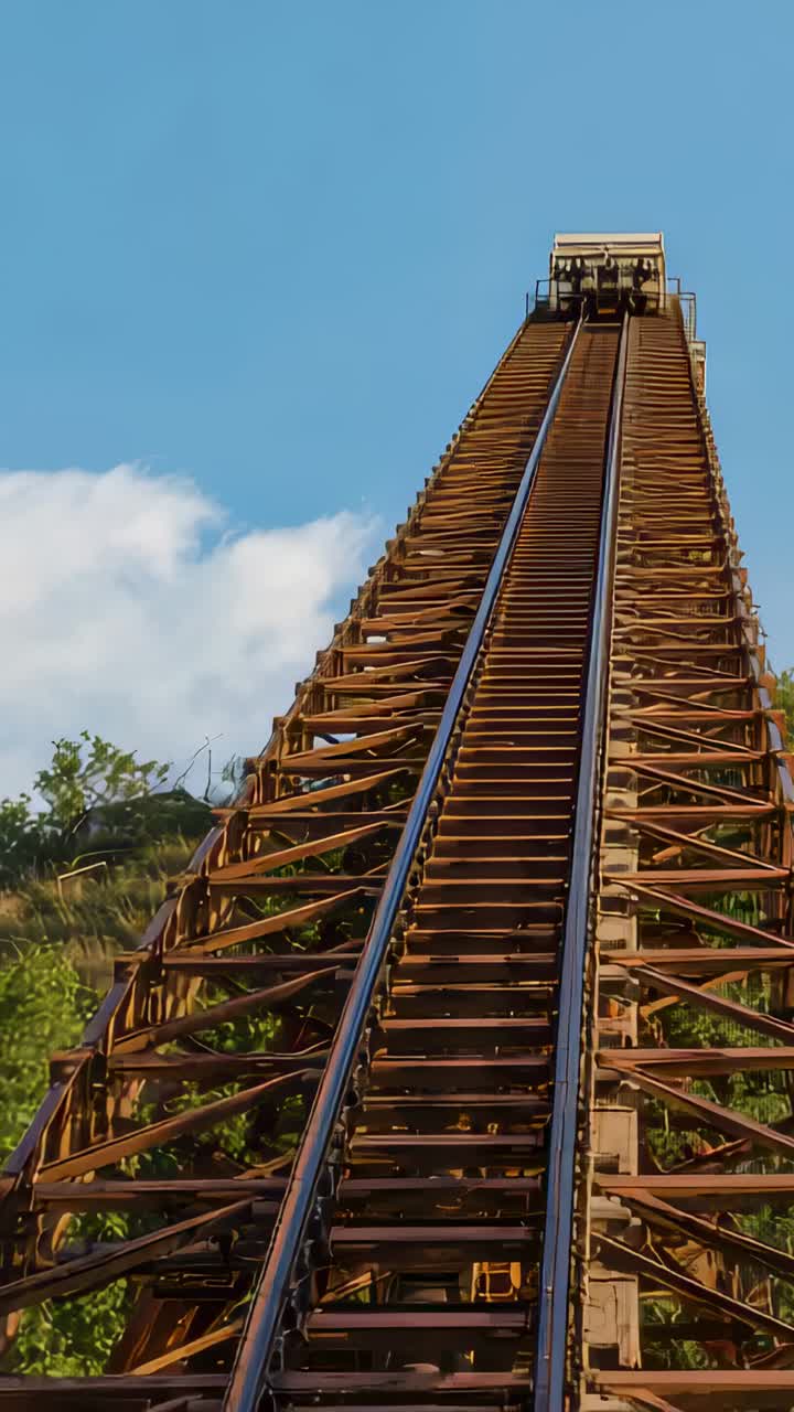 Vertical video: Lift releasing, ride car carrying friends plunging down steep metal track at park