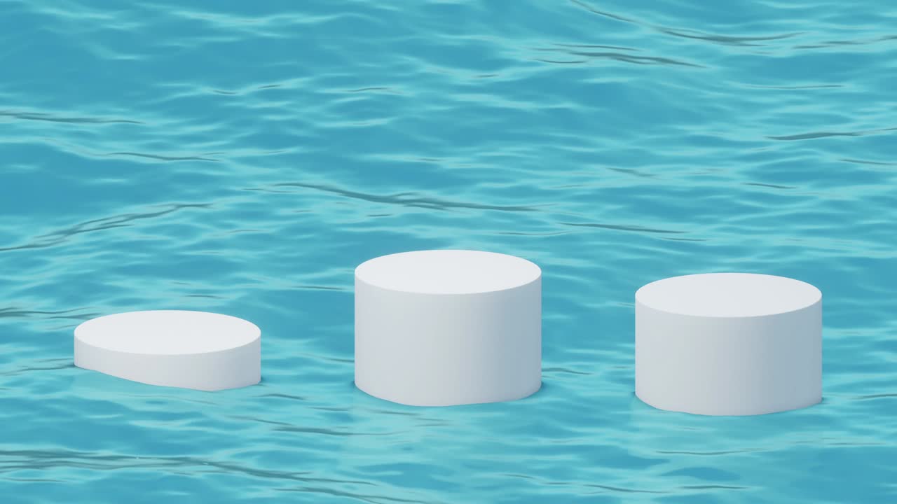 물 위에 3d 라운드 모 포디움, 물 표면에 파란 파도와 함께 3d 루프 애니메이션, 원활한 액체 배경, 제품 홍보를위한 현대적인 플랫폼.