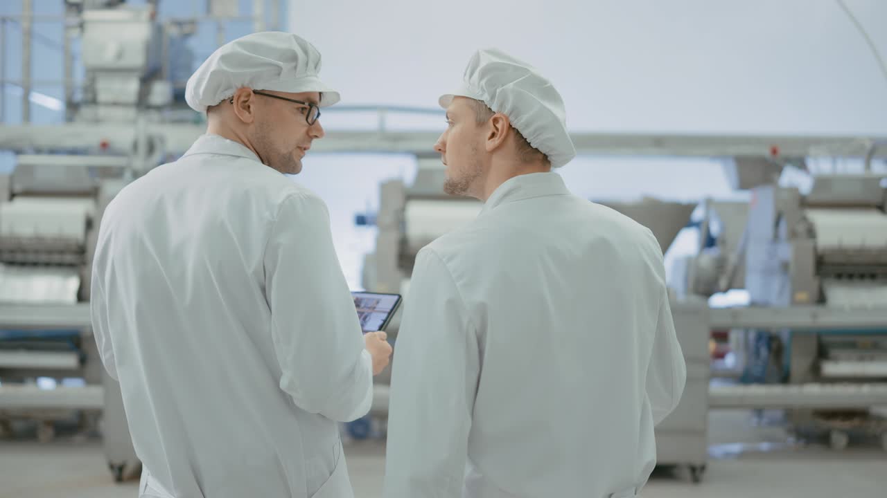 Two Young Food Factory Employees Discuss Work-Related Matters. Male Technician or Quality Manager Uses a Tablet Computer for Work. They Wear White Sanitary Hat and Work Robes.