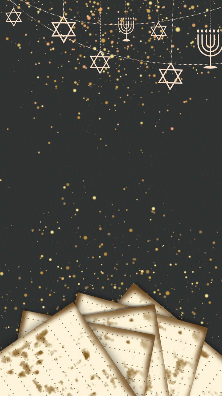 Hanging animation of stars of david and matzah bread on grey background. Looped graphic frame. Jewish holiday of Passover. Copy space. Vertical video.