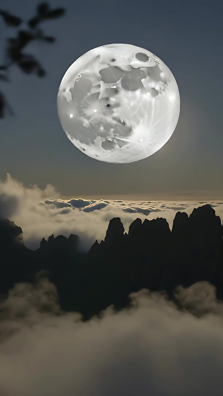 Vídeo vertical: Galhos secos flutuando cruzando lua cheia iluminada acima de crista irregular, nuvens baixas se movendo.